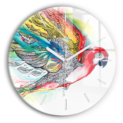 Round glass clock Colorful Parrot in Flight