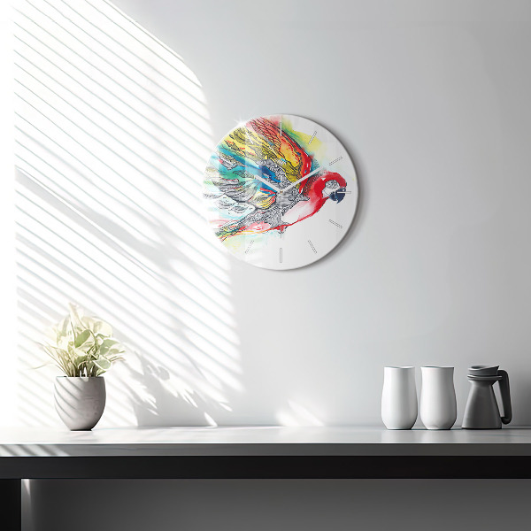 Round glass clock Colorful Parrot in Flight