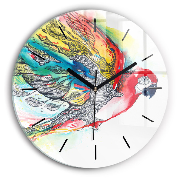 Round glass clock Colorful Parrot in Flight