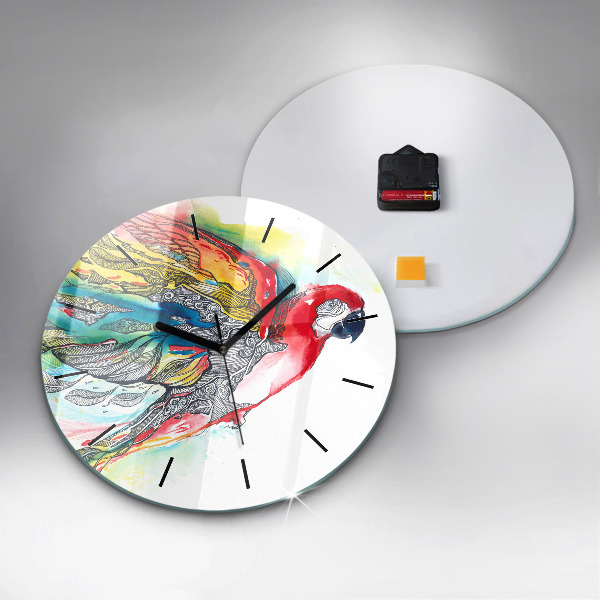 Round glass clock Colorful Parrot in Flight
