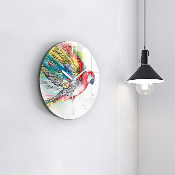 Round glass clock Colorful Parrot in Flight