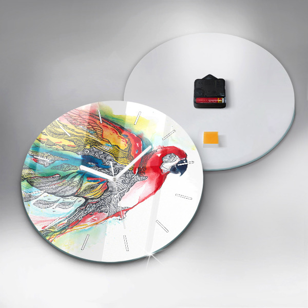 Round glass clock Colorful Parrot in Flight