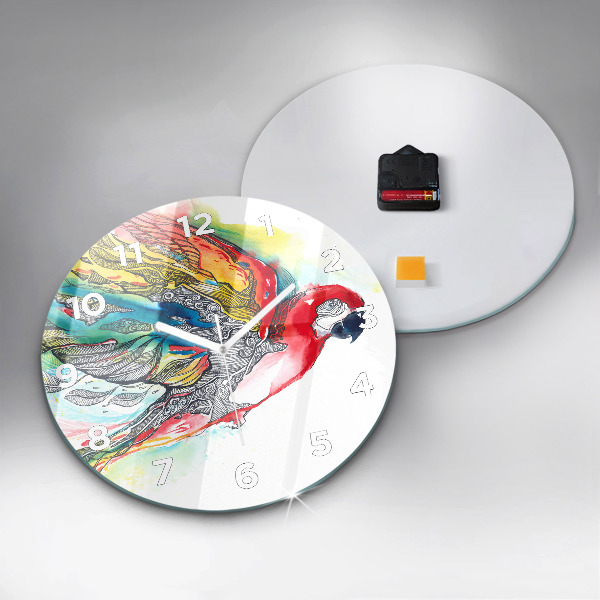 Round glass clock Colorful Parrot in Flight