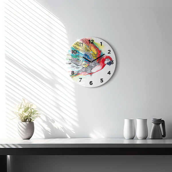 Round glass clock Colorful Parrot in Flight