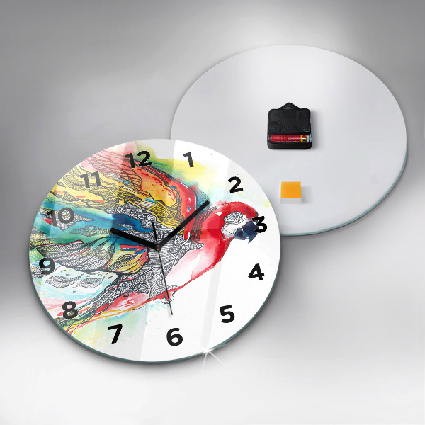 Round glass clock Colorful Parrot in Flight