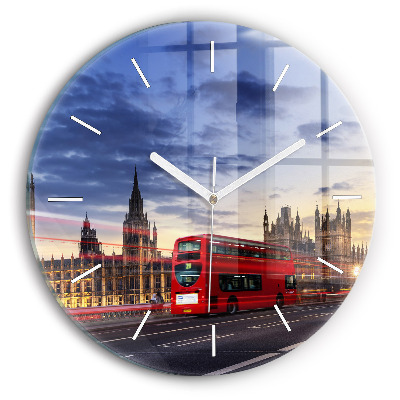 Round glass clock Red London Bus
