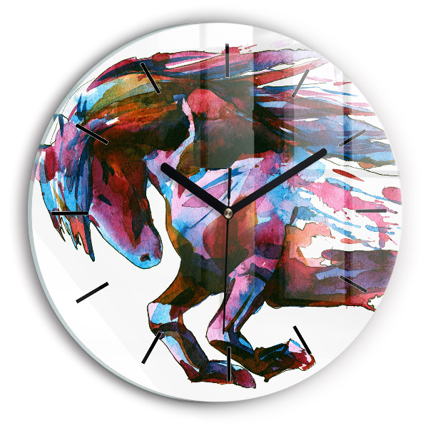 Round glass clock A horse on the run