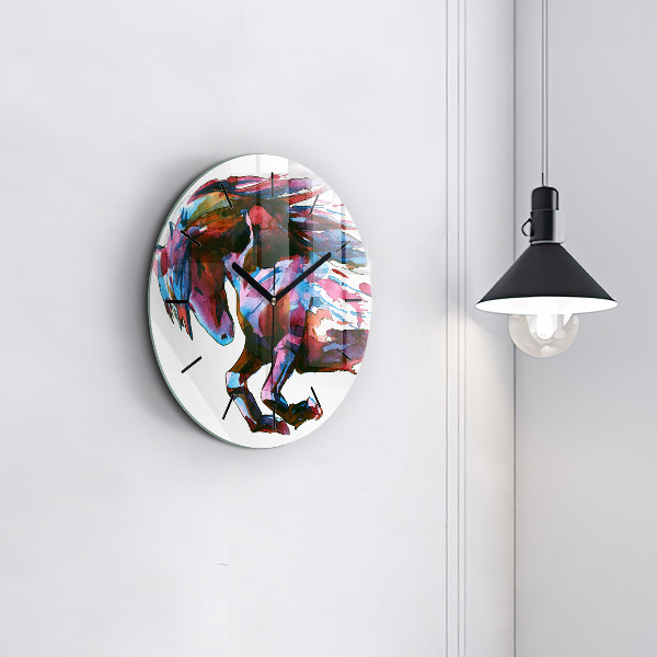 Round glass clock A horse on the run
