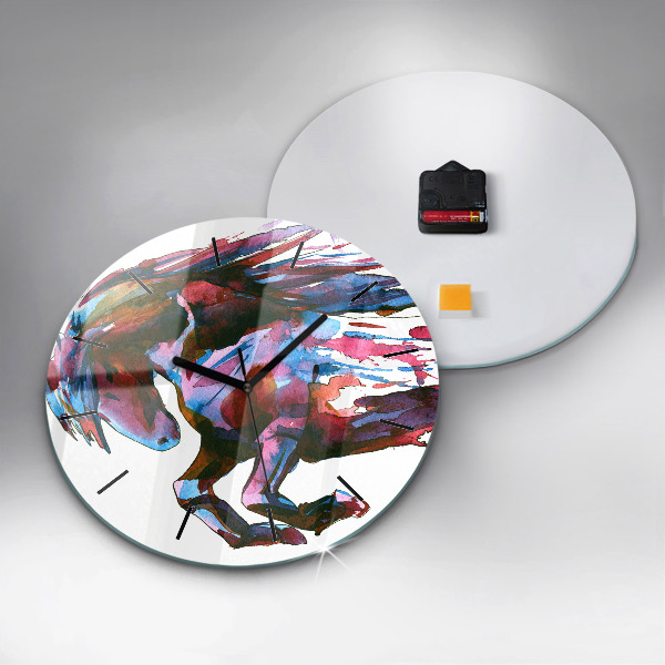 Round glass clock A horse on the run