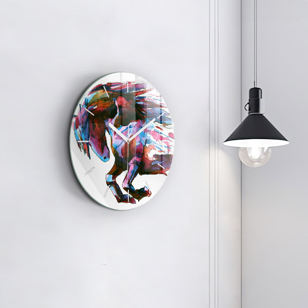 Round glass clock A horse on the run