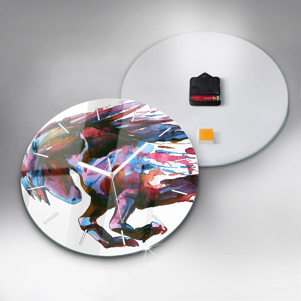 Round glass clock A horse on the run