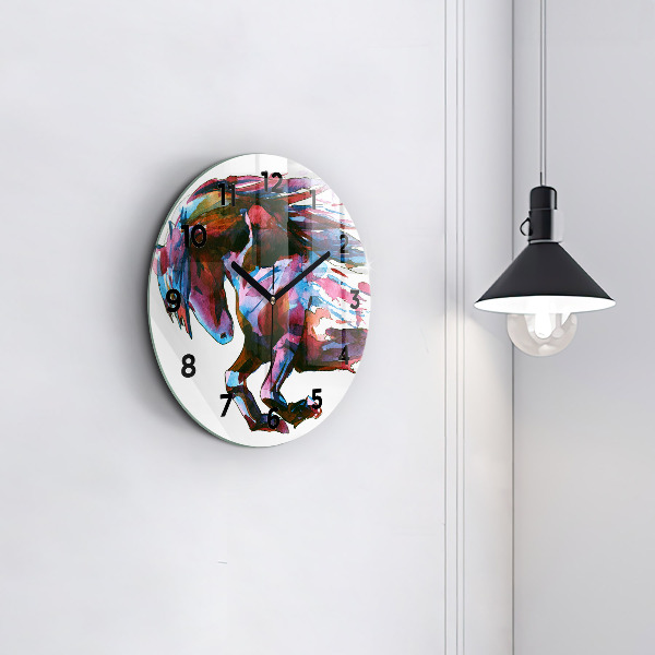 Round glass clock A horse on the run