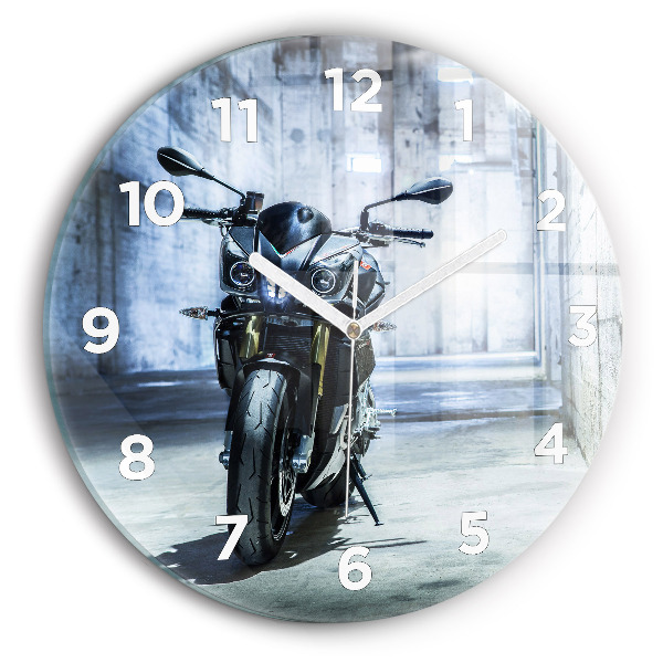 Round glass clock Motorcycle in the alley