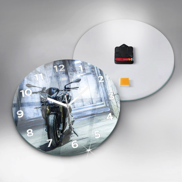 Round glass clock Motorcycle in the alley