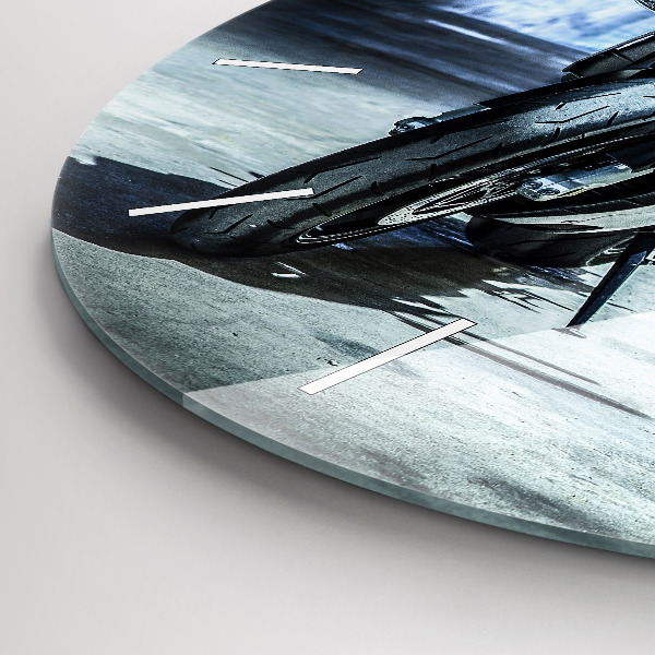 Round glass clock Motorcycle in the alley