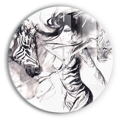 Round glass clock Woman and zebras