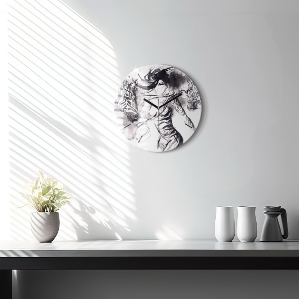 Round glass clock Woman and zebras