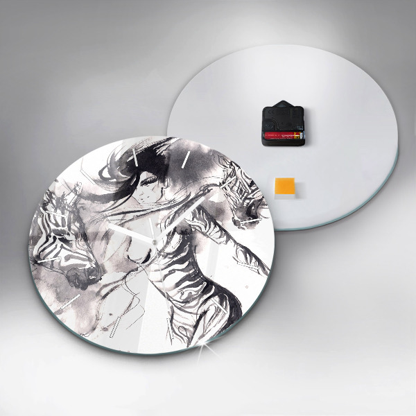 Round glass clock Woman and zebras