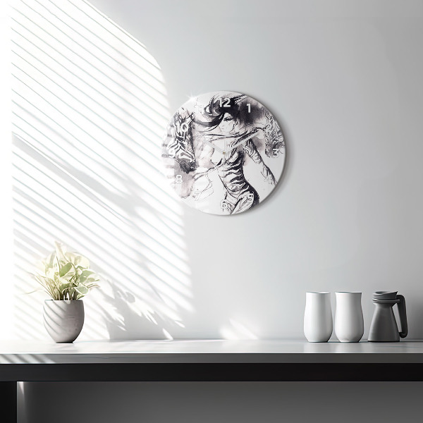 Round glass clock Woman and zebras