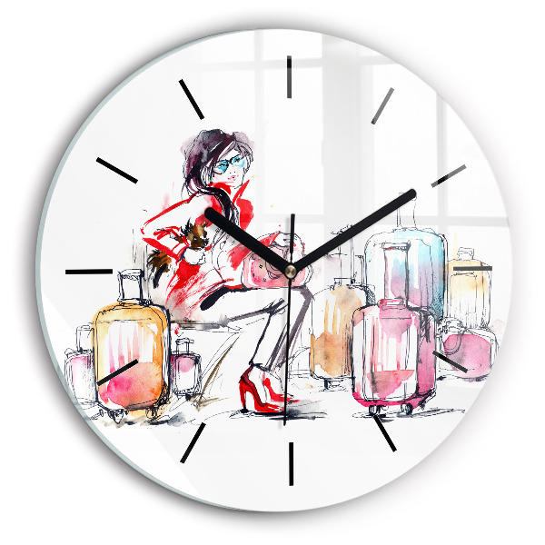 Round glass clock Woman with suitcases