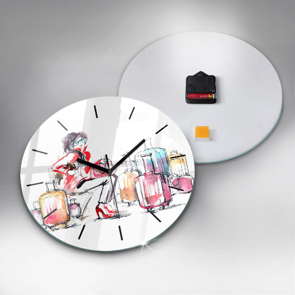 Round glass clock Woman with suitcases