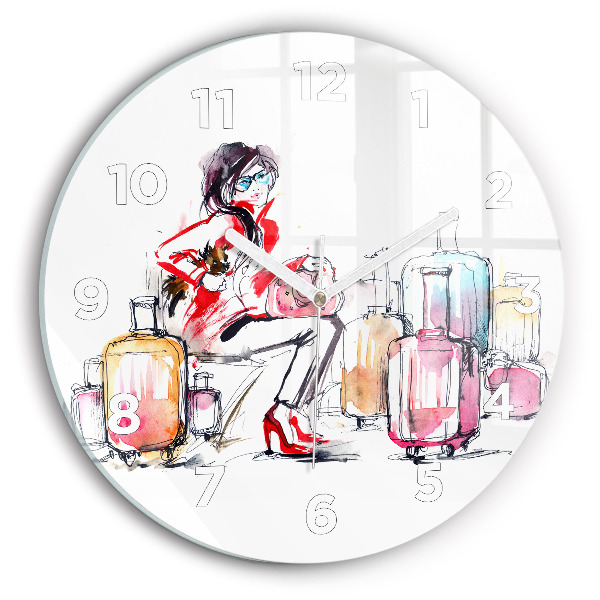 Round glass clock Woman with suitcases