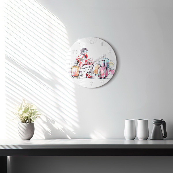 Round glass clock Woman with suitcases