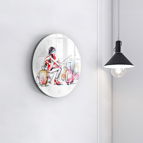 Round glass clock Woman with suitcases