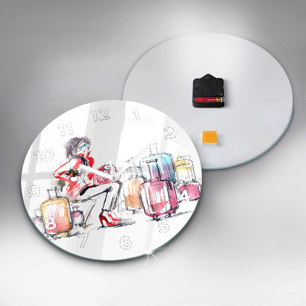 Round glass clock Woman with suitcases
