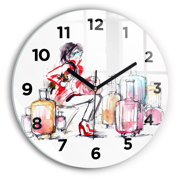 Round glass clock Woman with suitcases