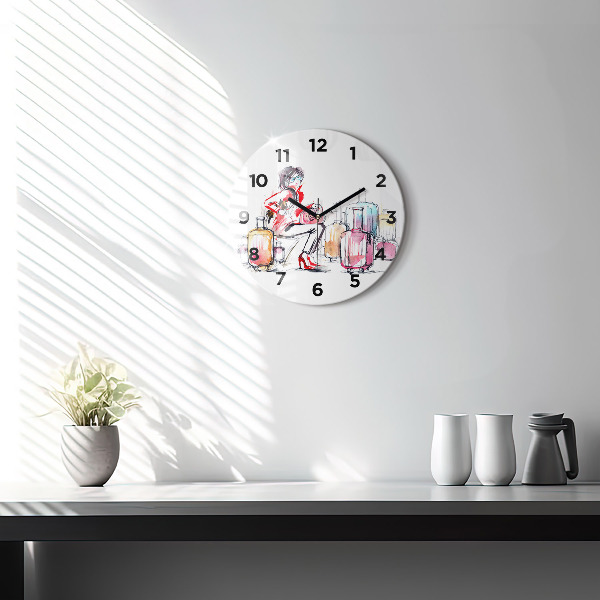Round glass clock Woman with suitcases