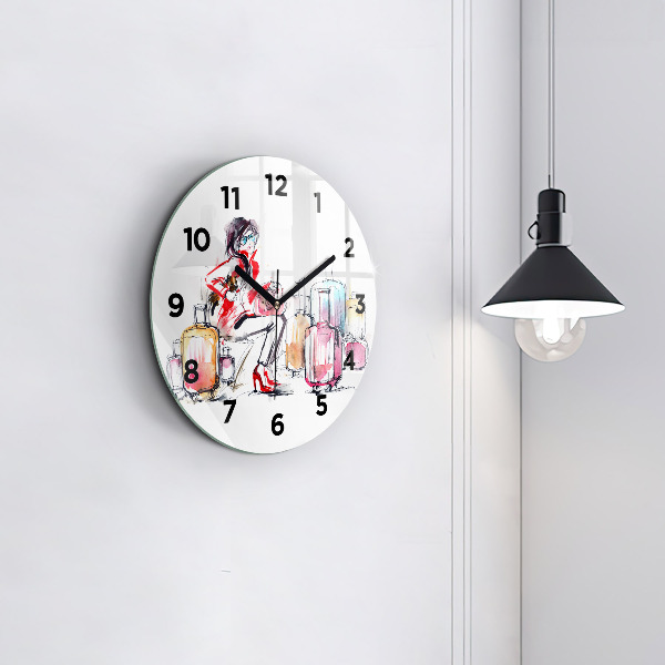 Round glass clock Woman with suitcases