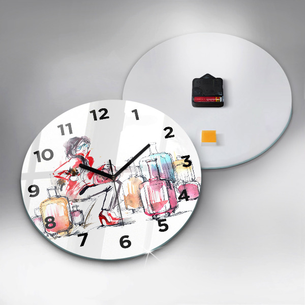 Round glass clock Woman with suitcases