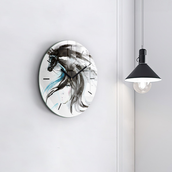 Round glass clock Abstract horse and woman
