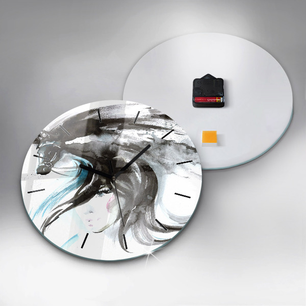 Round glass clock Abstract horse and woman