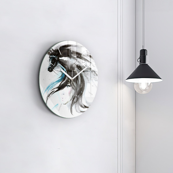 Round glass clock Abstract horse and woman
