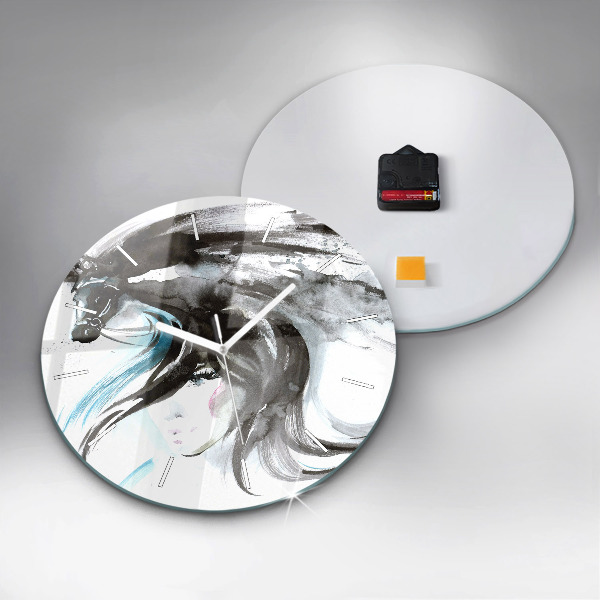 Round glass clock Abstract horse and woman