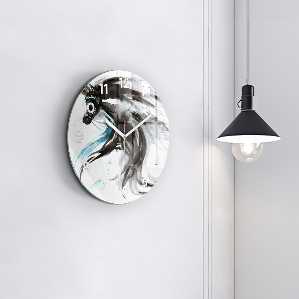 Round glass clock Abstract horse and woman