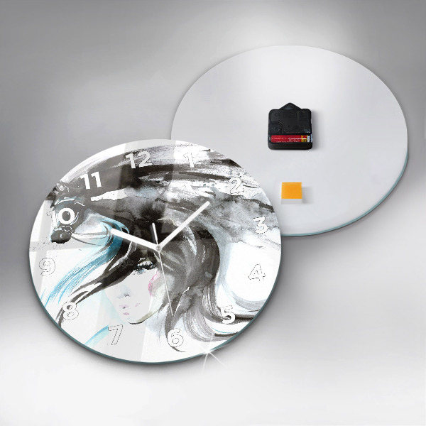 Round glass clock Abstract horse and woman