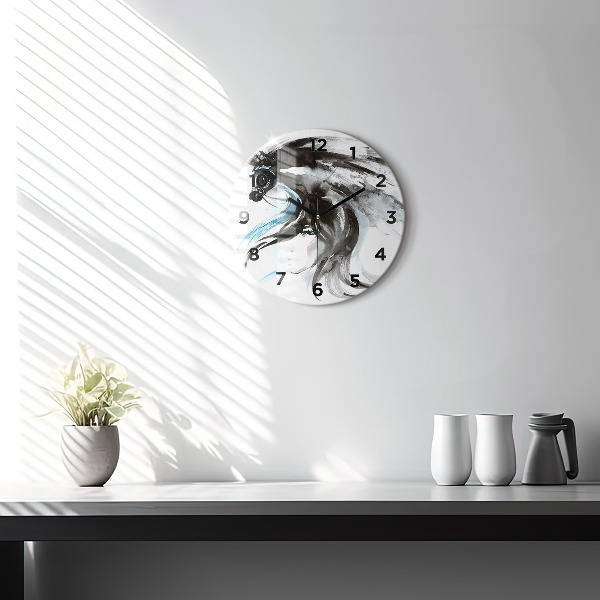 Round glass clock Abstract horse and woman