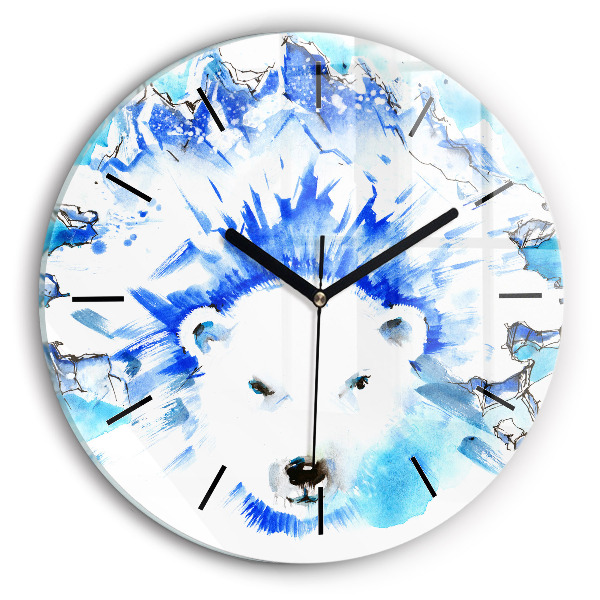 Round glass clock Bear on the ice background