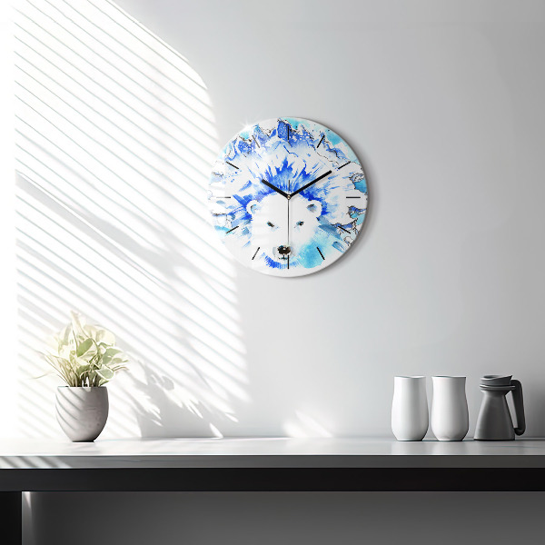 Round glass clock Bear on the ice background
