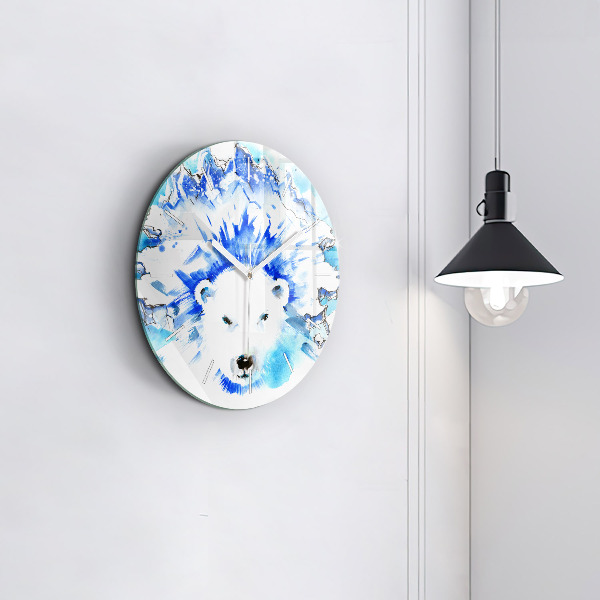 Round glass clock Bear on the ice background