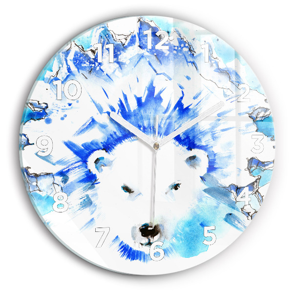 Round glass clock Bear on the ice background