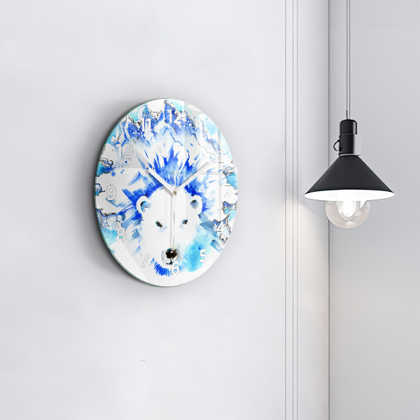 Round glass clock Bear on the ice background