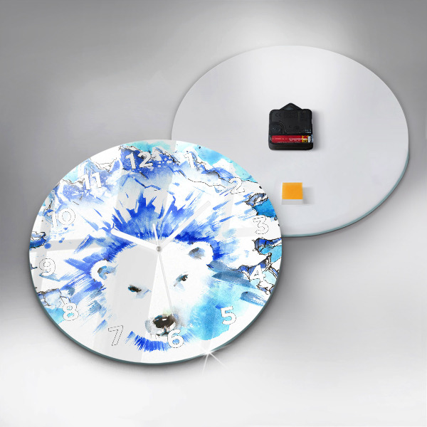 Round glass clock Bear on the ice background