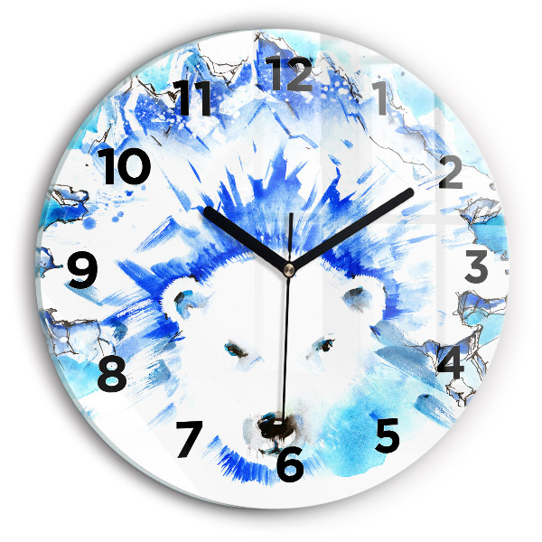 Round glass clock Bear on the ice background