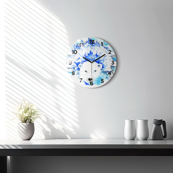 Round glass clock Bear on the ice background