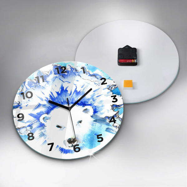 Round glass clock Bear on the ice background