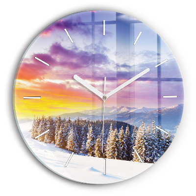 Round glass clock Winter Mountain Landscape